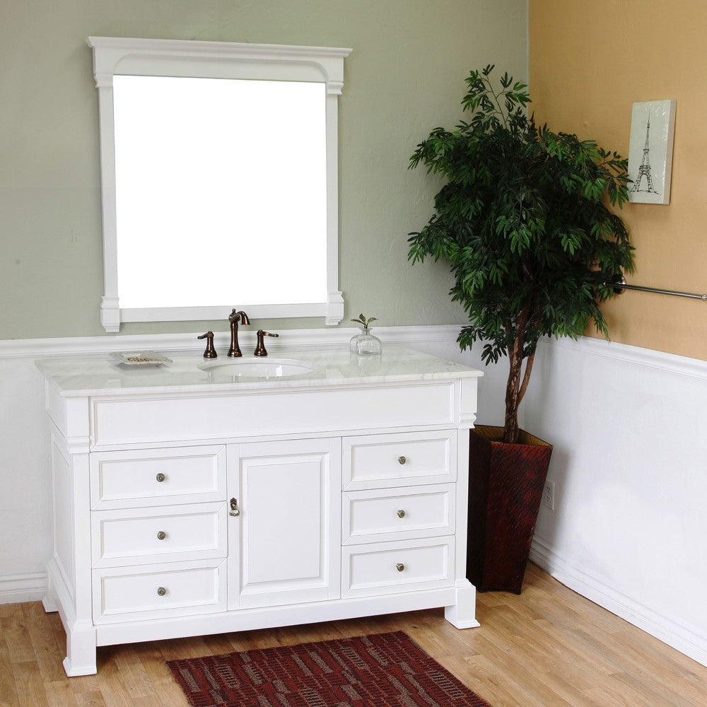 Bellaterra 60 in Single Sink Vanity-Wood 205060-S-CR-ES-WH, White (rub edge) / White Marble, Front