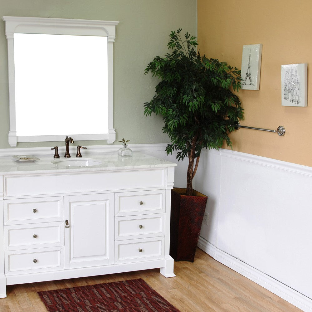 Bellaterra 60 in Single Sink Vanity-Wood 205060-S-CR-ES-WH, White (rub edge) / White Marble, Front