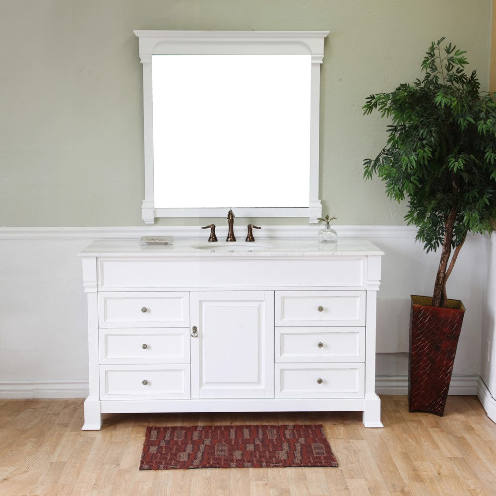 Bellaterra 60 in Single Sink Vanity-Wood 205060-S-CR-ES-WH, White (rub edge) / White Marble, Front