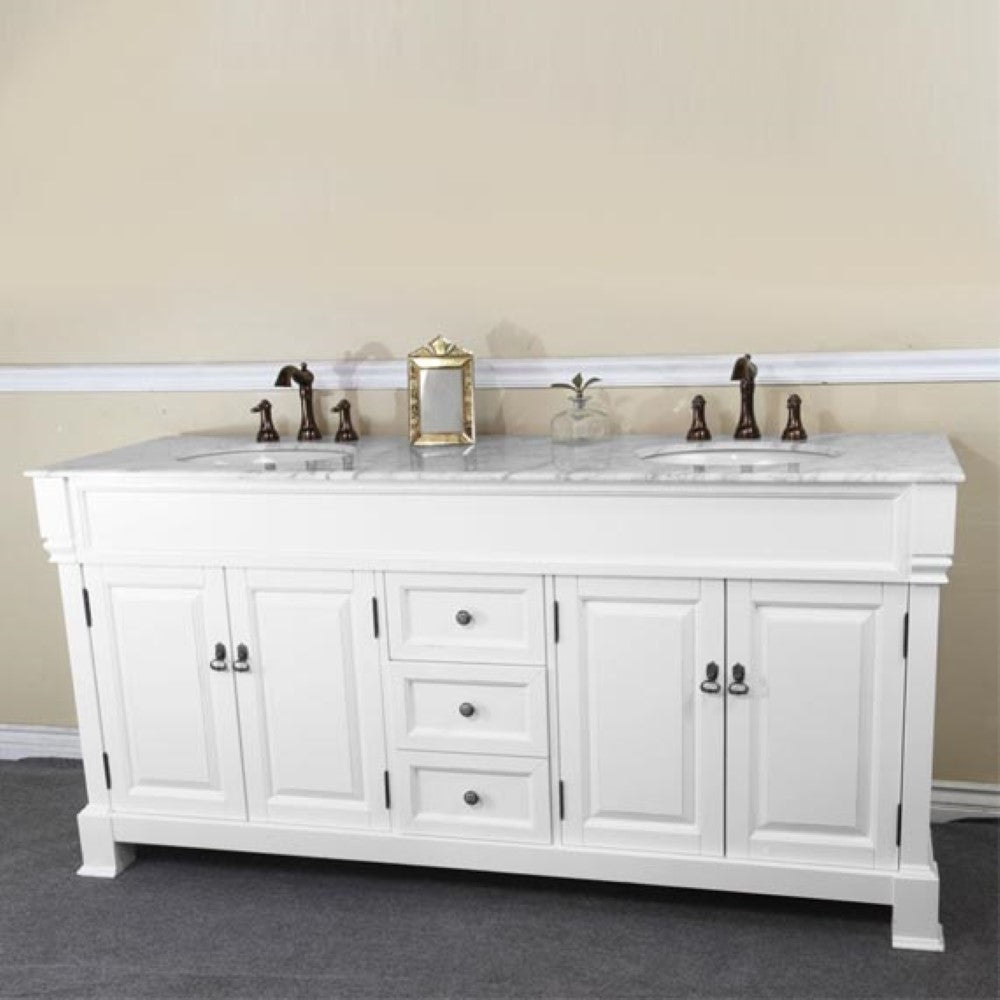 Bellaterra 72 in Double Sink Vanity-Wood 205072-D-CR-ES-WH, White (rub edge) / White Marble, Front