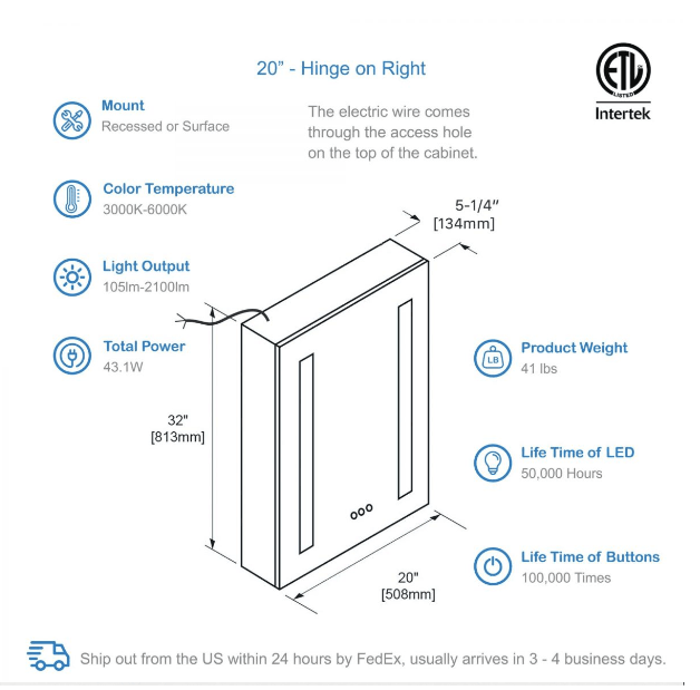 Blossom Pillar LED Medicine Cabinet w/ Defogger 3 Sizes Available