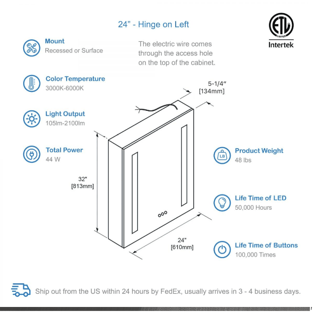 Blossom Pillar LED Medicine Cabinet w/ Defogger 3 Sizes Available