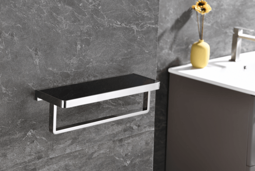 Lexora Bagno Bianca Black / White Glass Shelf w/ Towel Bar