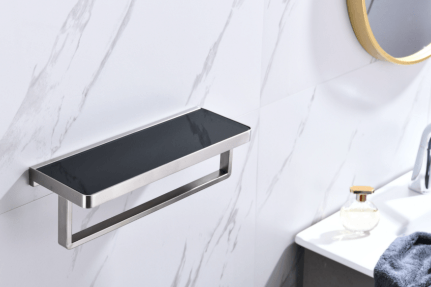 Lexora Bagno Bianca Black / White Glass Shelf w/ Towel Bar