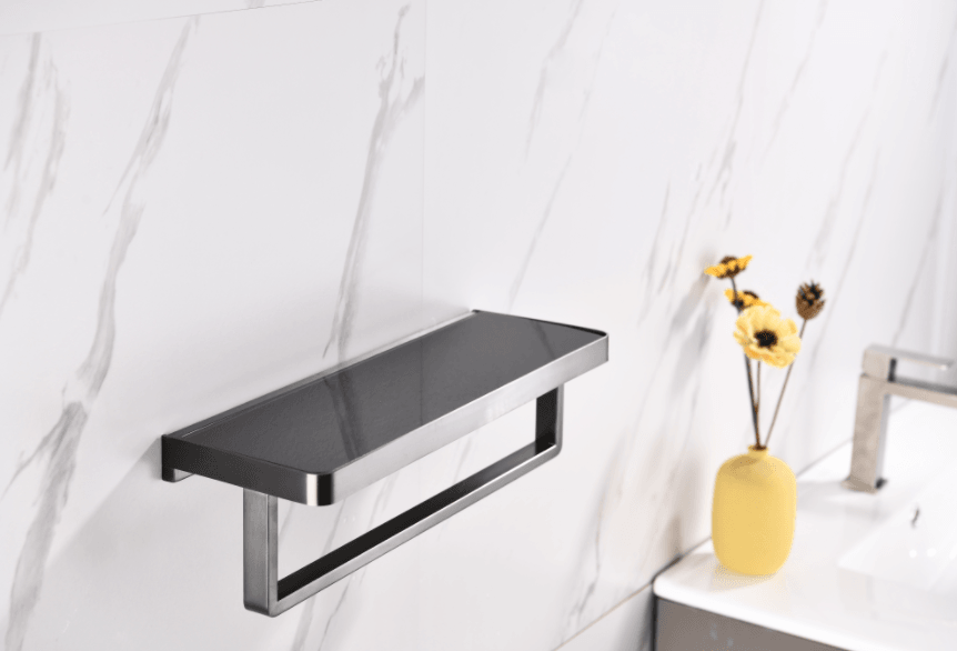 Lexora Bagno Bianca Black / White Glass Shelf w/ Towel Bar
