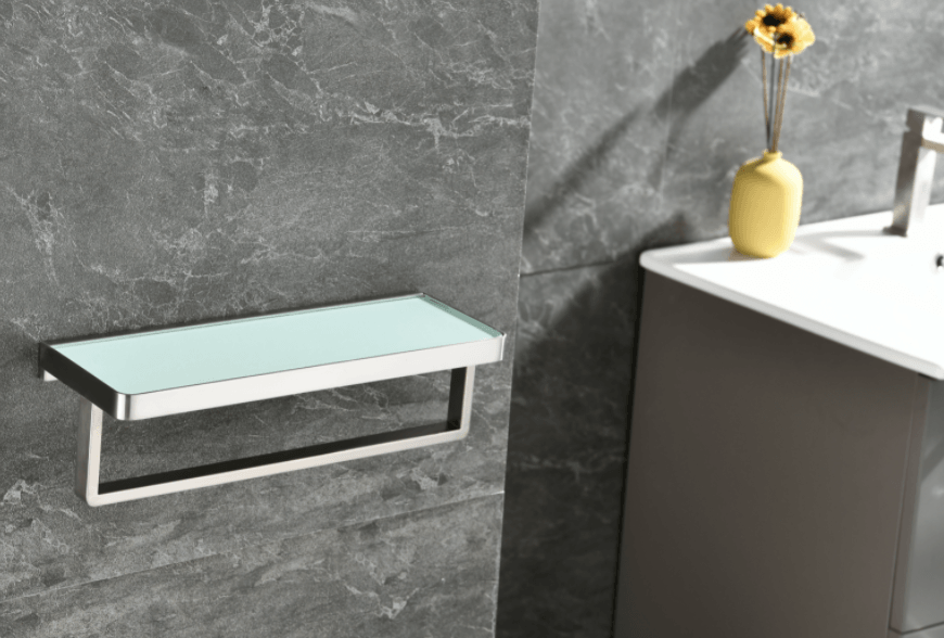 Lexora Bagno Bianca Black / White Glass Shelf w/ Towel Bar