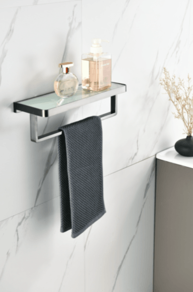 Lexora Bagno Bianca Black / White Glass Shelf w/ Towel Bar