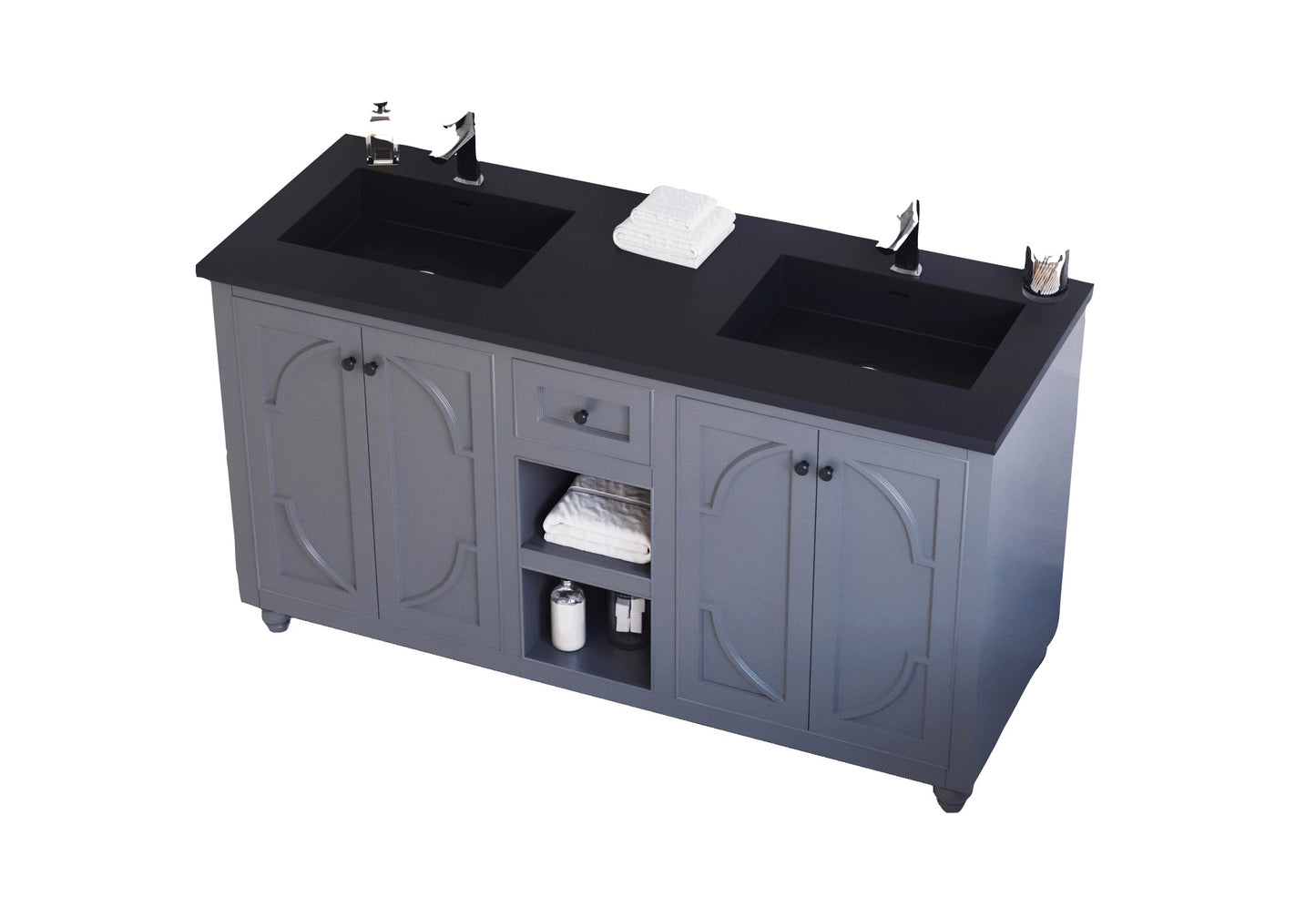 Laviva Odyssey 60" Maple Grey Double Sink Bathroom Vanity Set Matte Black Countertop