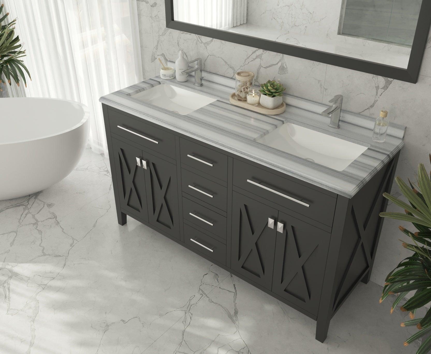Laviva 60" White Carrara/Stripes Marble Countertop, Single Hole, Rectangular Sink