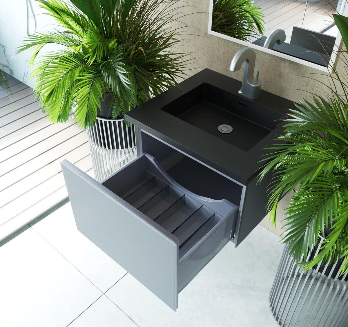 Vitri Fossil Grey Vanity, Black Top, 313VTR-24FG-MB, 24" open