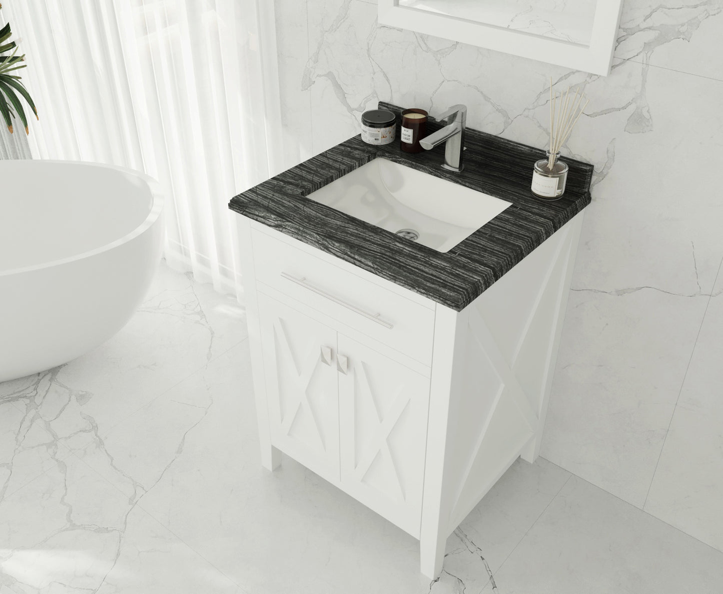 Laviva Wimbledon 313YG319-24W-BW 24" White Bathroom Vanity Set Black Wood Marble Top Up