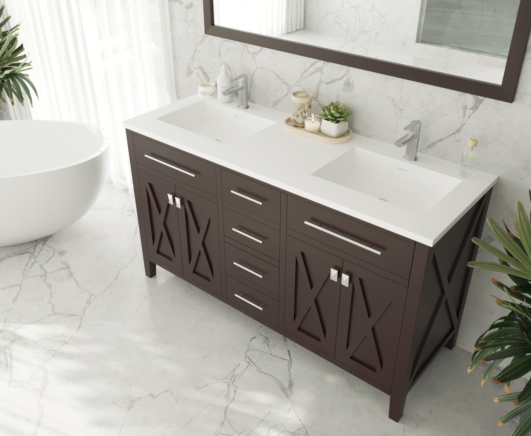 Laviva Wimbledon 60" Brown Double Sink Bath Vanity Set  313YG319-60B-MW Matte White Top up