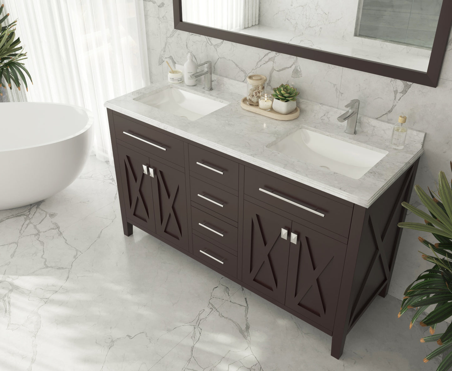 Laviva Wimbledon 60" Brown Double Sink Bath Vanity Set  313YG319-60B-WC White Carrara Top up