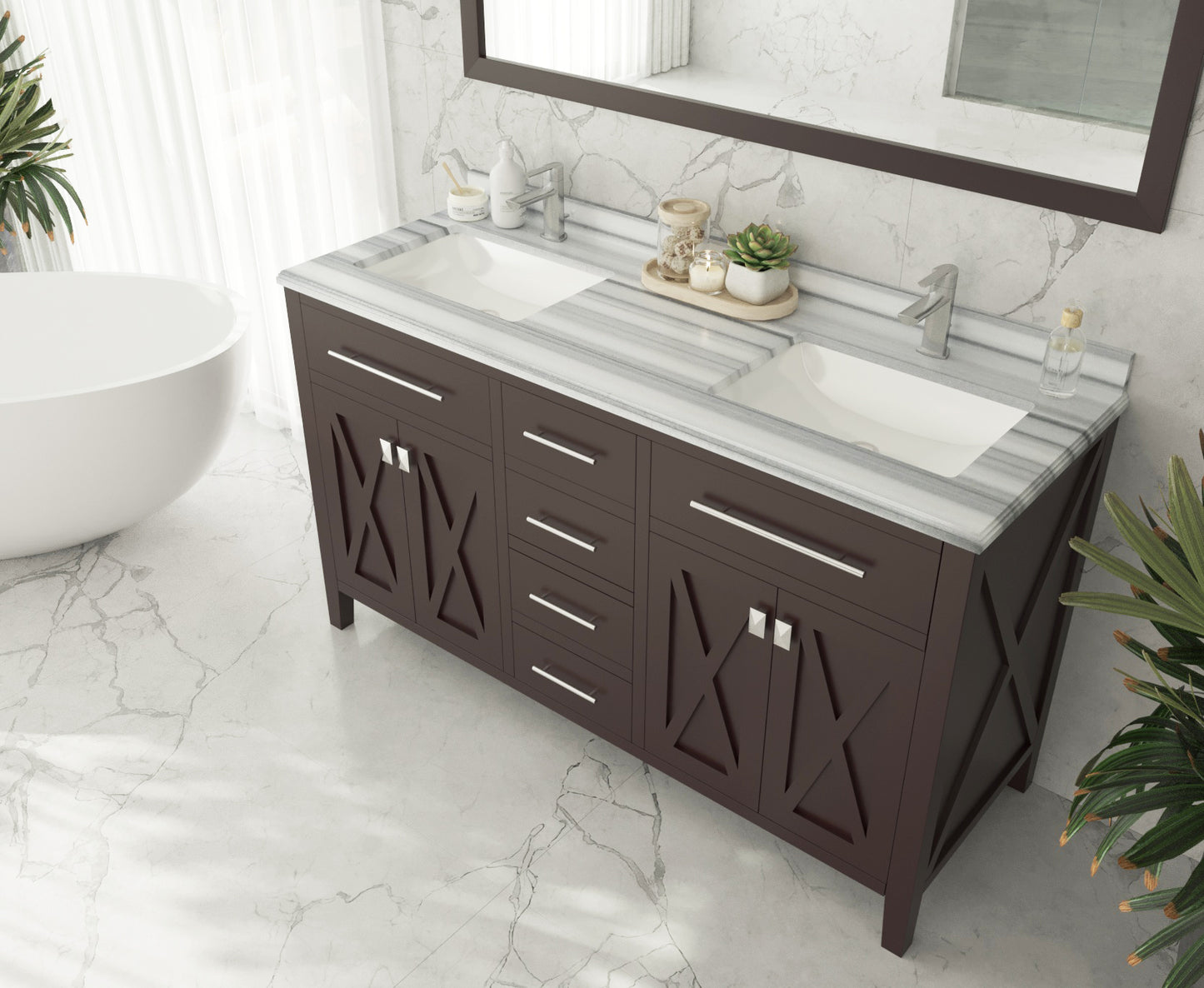 Laviva Wimbledon 60" Brown Double Sink Bath Vanity Set  313YG319-60B-WS White Stripes Top up