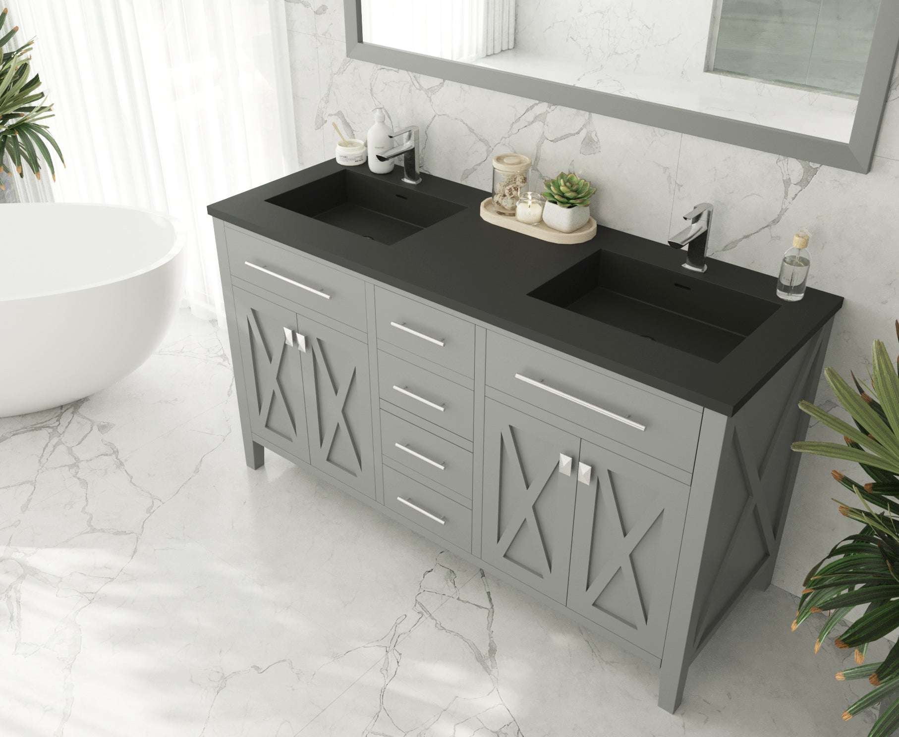 Wimbledon 60" Grey Double Sink Bath Vanity Set 313YG319-60G-MB Matte Black Top