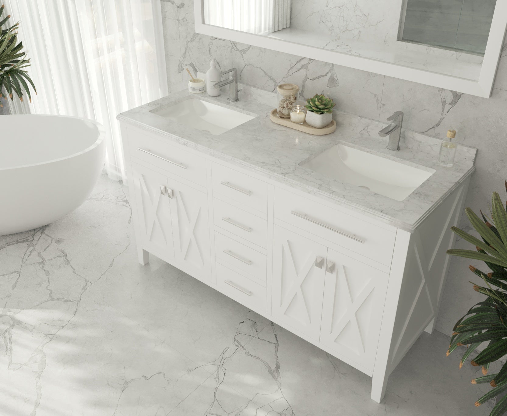 Wimbledon  60" White Double Sink Bath Vanity Set 313YG319-60W-WC White Carrara Top up