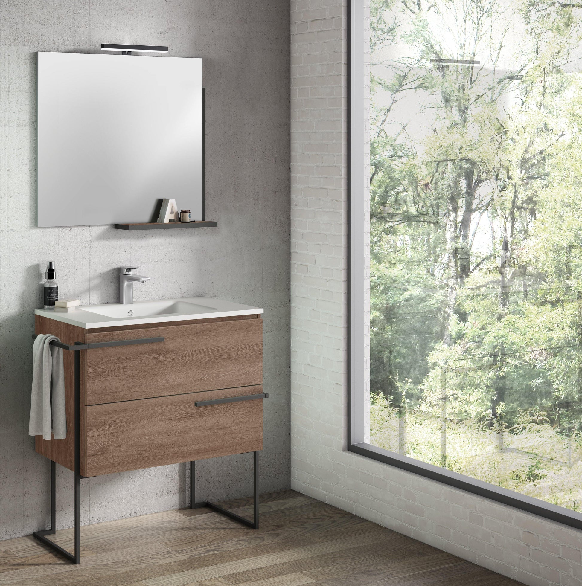 Lucena Bath Scala 32" Single Sink Vanity with Legs and Towel Bar in Abedul, White or Tera. - The Bath Vanities