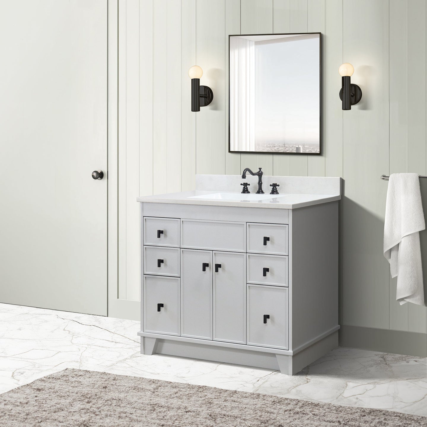 3922-BL-FG-AQ  39 in. Single Sink Vanity in French Gray finish with Engineered Quartz Top, mirror