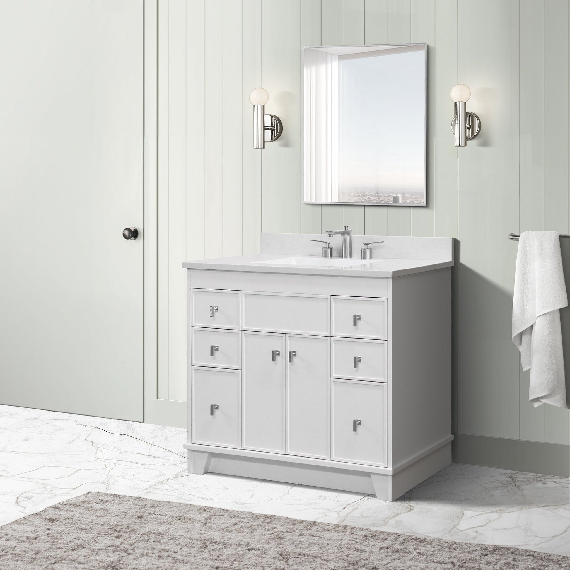 39 in. Single Sink Vanity in White finish with Engineered Quartz Top, Brushed Nickel Hardware