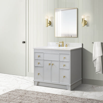 39 in. Single Sink Vanity in French Gray finish with Engineered Quartz Top, Brushed Gold Hardware