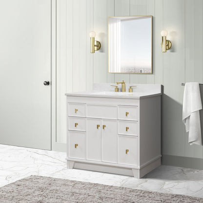 39 in. Single Sink Vanity in White finish with Engineered Quartz Top, Brushed Gold Hardware