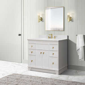 39 in. Single Sink Vanity in White finish with Engineered Quartz Top, Brushed Gold Hardware