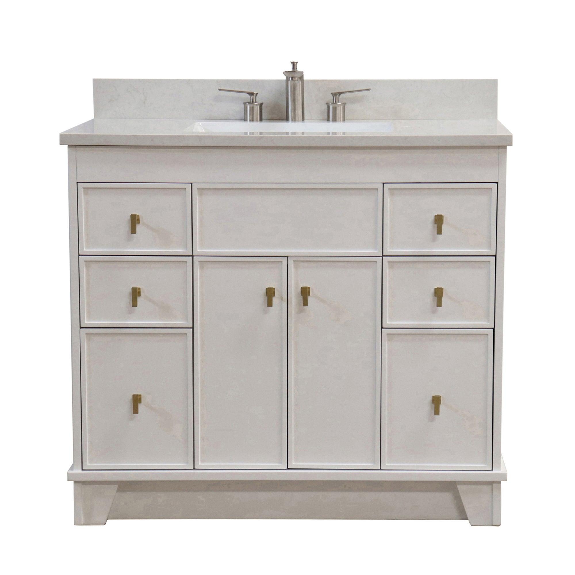 39 in. Single Sink Vanity in White finish with Engineered Quartz Top, Brushed Gold Hardware