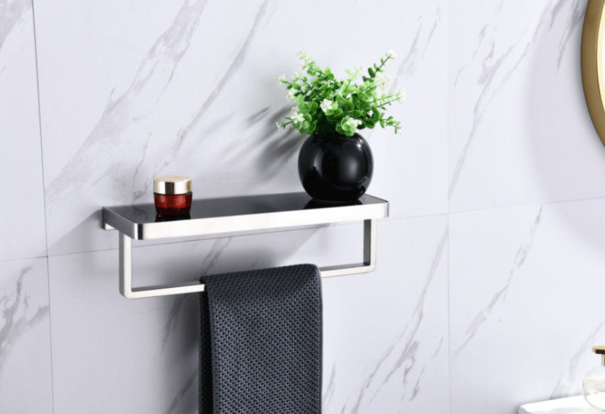 Lexora Bagno Bianca Black / White Glass Shelf w/ Towel Bar