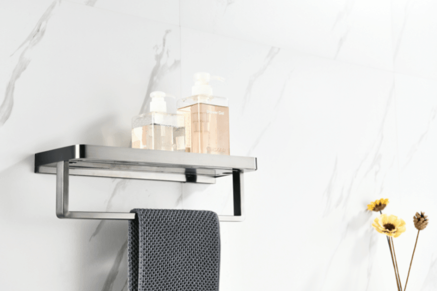 Lexora Bagno Bianca Black / White Glass Shelf w/ Towel Bar