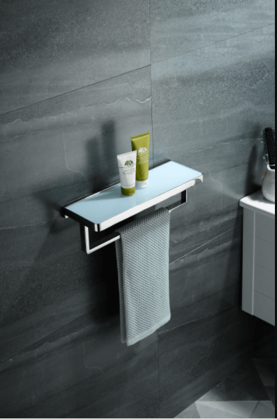 Lexora Bagno Bianca Black / White Glass Shelf w/ Towel Bar