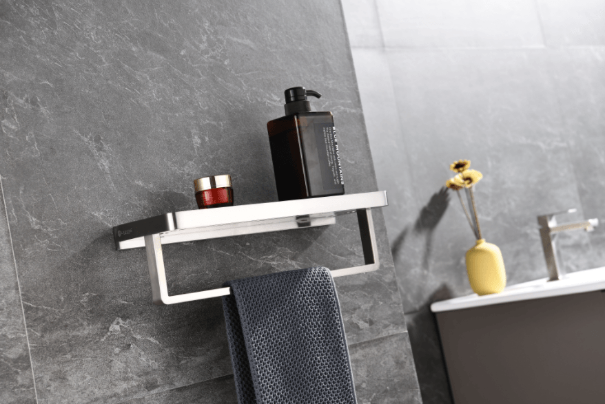 Lexora Bagno Bianca Black / White Glass Shelf w/ Towel Bar