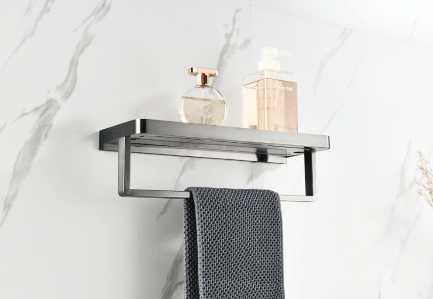 Lexora Bagno Bianca Black / White Glass Shelf w/ Towel Bar