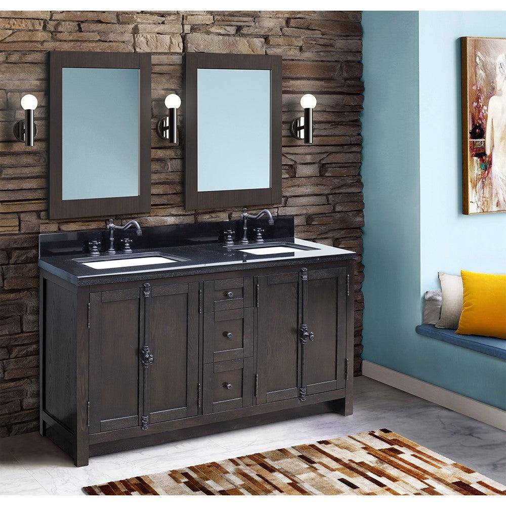 Bellaterra 55" Double Vanity with Counter Top and Rectangle Sink 400100-55, Brown Ash / Black Galaxy Granite