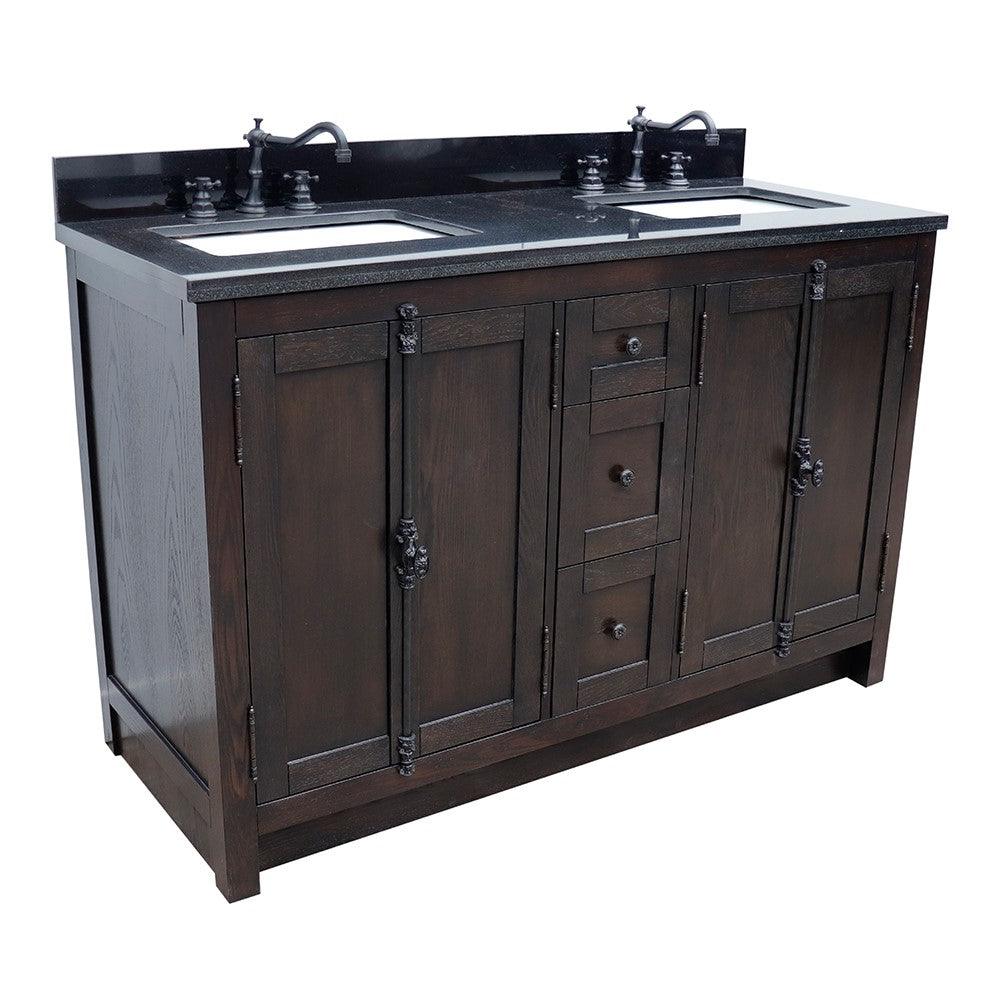 Bellaterra 55" Double Vanity with Counter Top and Rectangle Sink 400100-55, Brown Ash / Black Galaxy Granite