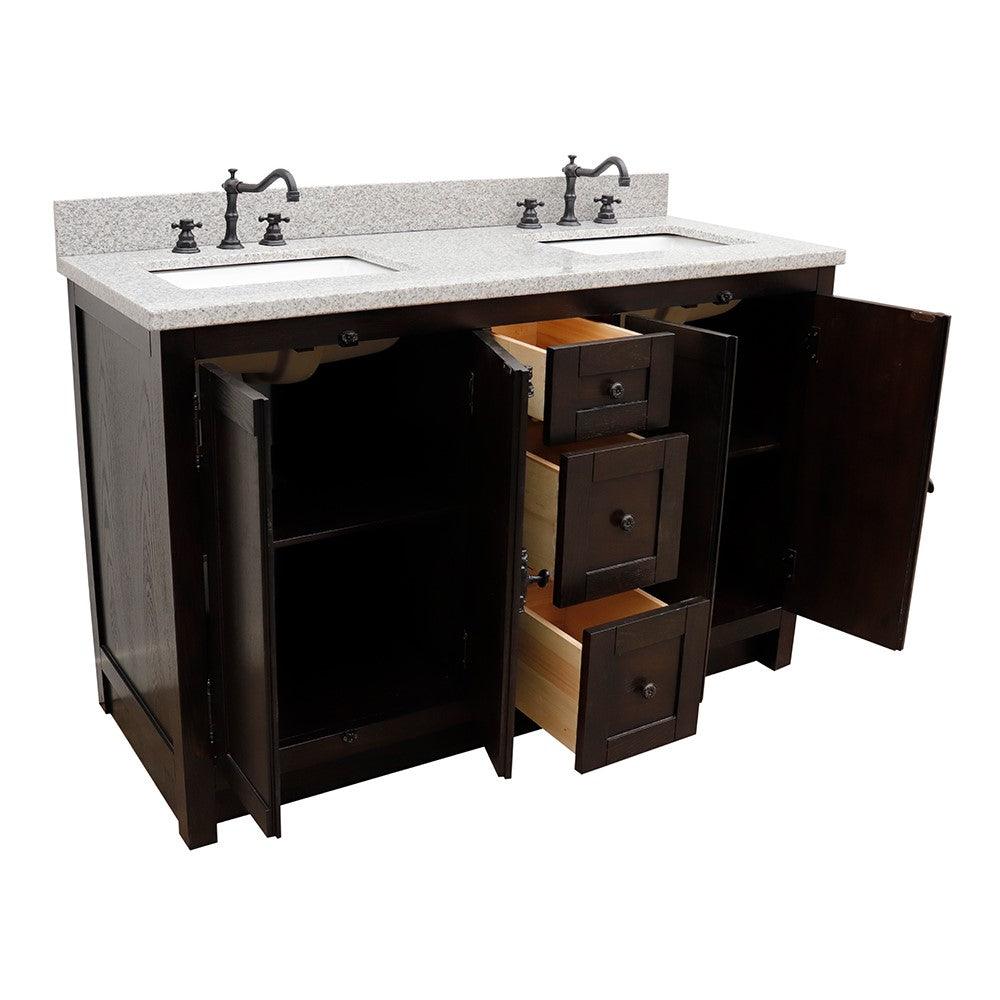 Bellaterra 55" Double Vanity with Counter Top and Rectangle Sink 400100-55, Brown Ash / Black Galaxy Granite