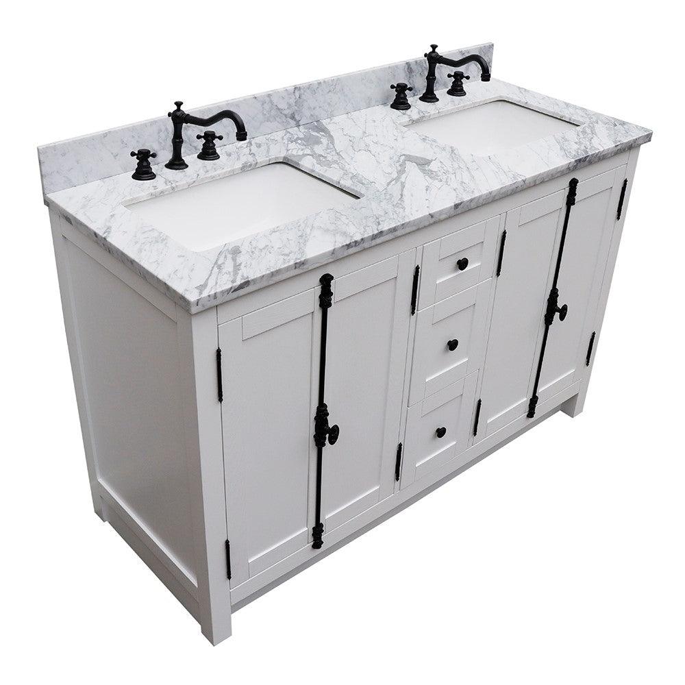 Bellaterra 55" Double Vanity with Counter Top and Rectangle Sink 400100-55, Glacier Ash / White Carrara Marble