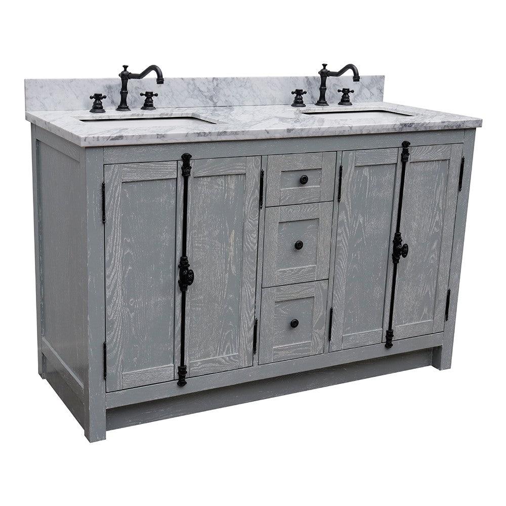 Bellaterra 55" Double Vanity with Counter Top and Rectangle Sink 400100-55, Gray Ash / White Carrara Marble
