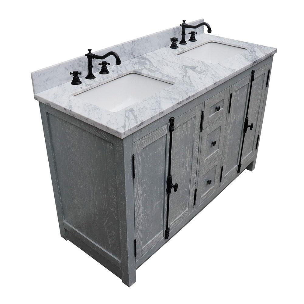 Bellaterra 55" Double Vanity with Counter Top and Rectangle Sink 400100-55, Gray Ash / White Carrara Marble