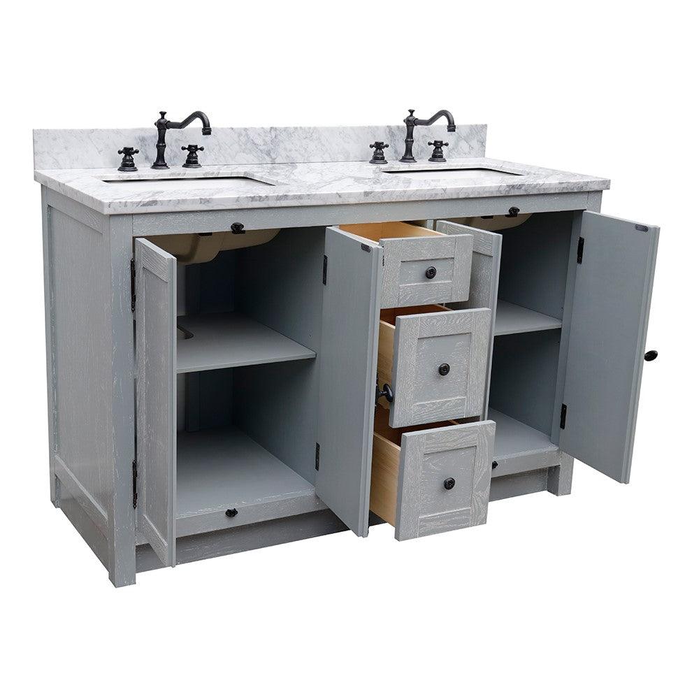 Bellaterra 55" Double Vanity with Counter Top and Rectangle Sink 400100-55, Gray Ash / White Carrara Marble