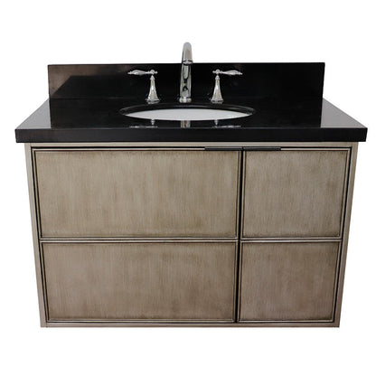 Bellaterra 37" Single Wall Mount Vanity in Linen Brown Finish with Counter Top and Sink 400500-CAB-LN, Black Galaxy / Oval, Front