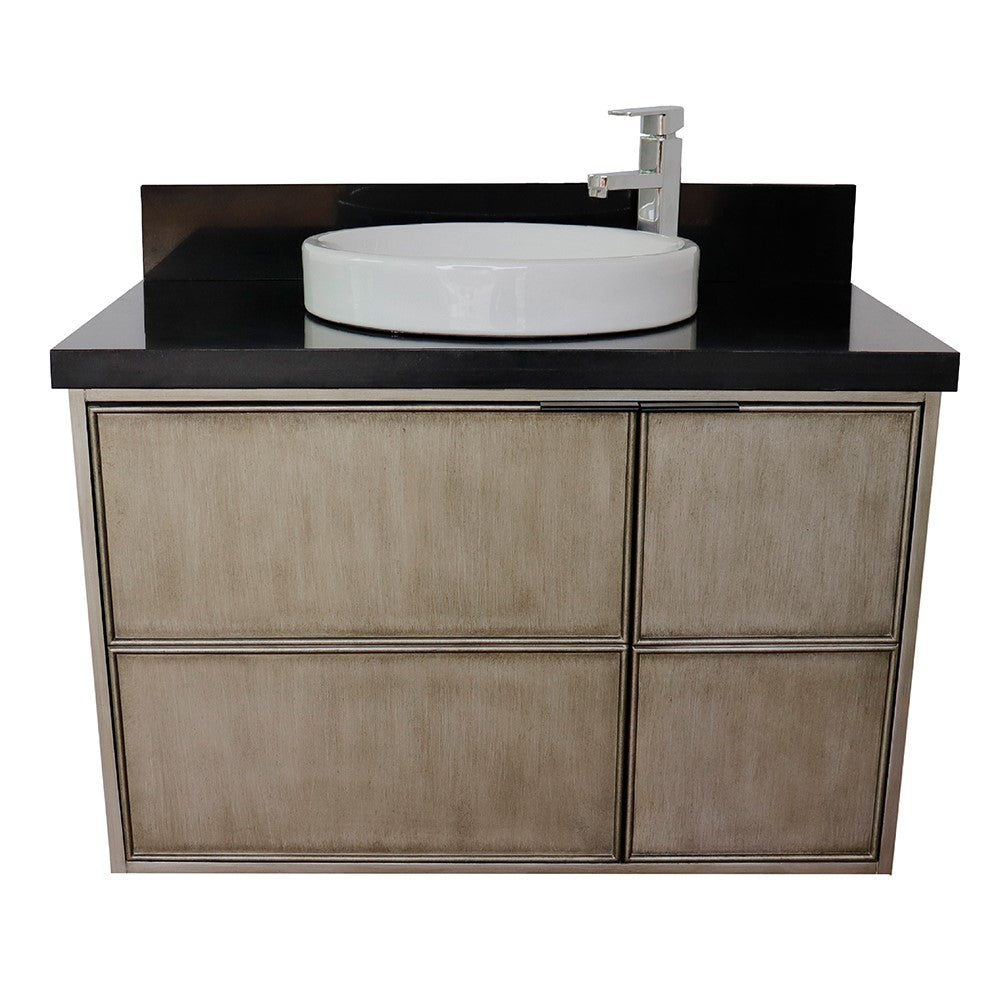 Bellaterra 37" Single Wall Mount Vanity in Linen Brown Finish with Counter Top and Sink 400500-CAB-LN, Black Galaxy / Round, Front