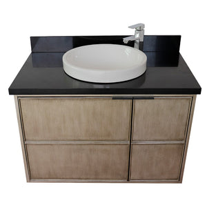 Bellaterra 37" Single Wall Mount Vanity in Linen Brown Finish with Counter Top and Sink 400500-CAB-LN, Black Galaxy / Round, Front Top