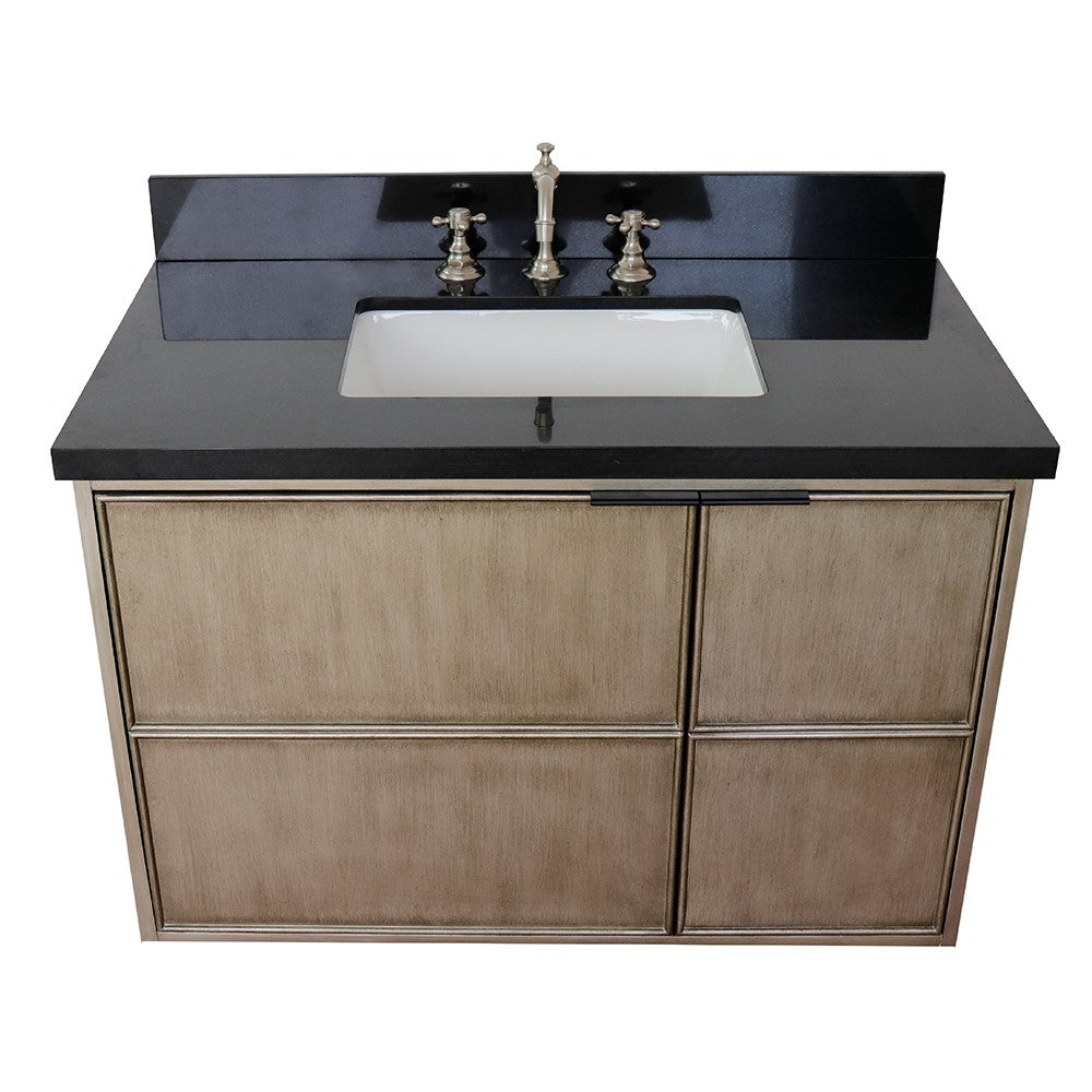 Bellaterra 37" Single Wall Mount Vanity in Linen Brown Finish with Counter Top and Sink 400500-CAB-LN, Black Galaxy / Rectangle, Front