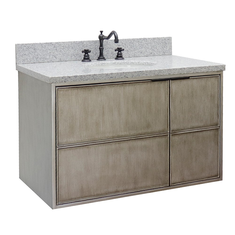 Bellaterra 37" Single Wall Mount Vanity in Linen Brown Finish with Counter Top and Sink 400500-CAB-LN, Gray Granite / Oval, Front