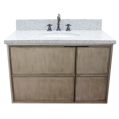 Bellaterra 37" Single Wall Mount Vanity in Linen Brown Finish with Counter Top and Sink 400500-CAB-LN, Gray Granite / Oval, Front