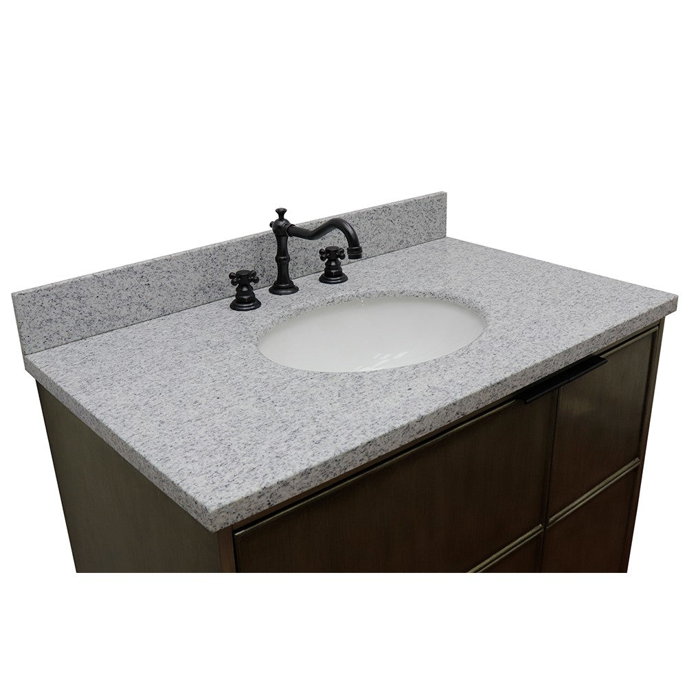 Bellaterra 37" Single Wall Mount Vanity in Linen Brown Finish with Counter Top and Sink 400500-CAB-LN, Gray Granite / Oval, Top Front