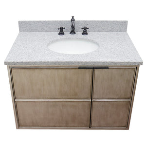 Bellaterra 37" Single Wall Mount Vanity in Linen Brown Finish with Counter Top and Sink 400500-CAB-LN, Gray Granite / Oval, Top Front