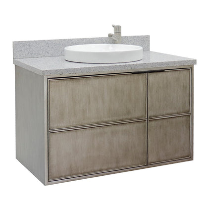 Bellaterra 37" Single Wall Mount Vanity in Linen Brown Finish with Counter Top and Sink 400500-CAB-LN, Gray Granite / Round, Front