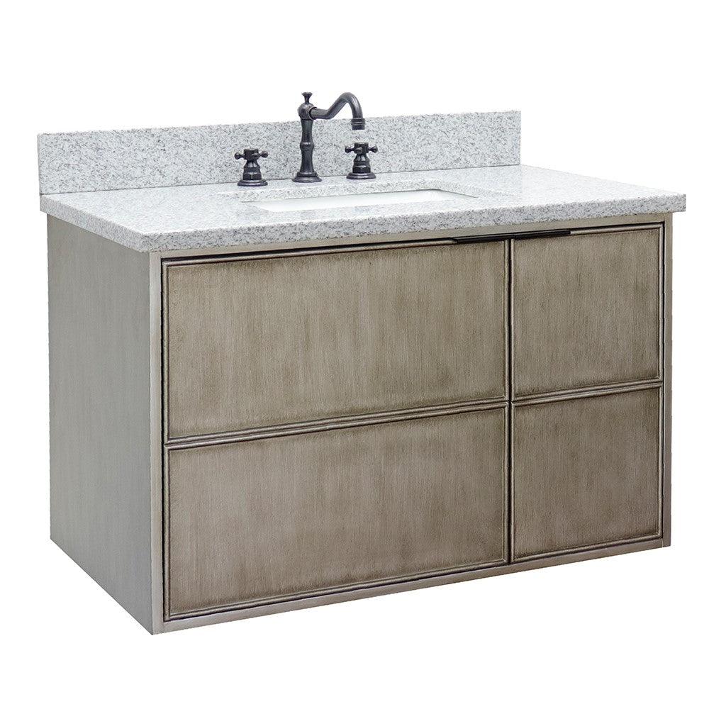 Bellaterra 37" Single Wall Mount Vanity in Linen Brown Finish with Counter Top and Sink 400500-CAB-LN, Gray Granite / Rectangle, Front