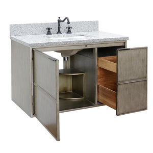 Bellaterra 37" Single Wall Mount Vanity in Linen Brown Finish with Counter Top and Sink 400500-CAB-LN, Gray Granite / Rectangle, Open